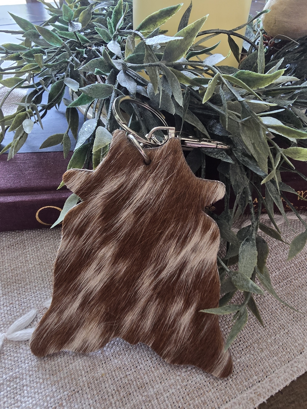 Genuine Leather and Real Cow Cowhide Hair-on Leather Keychain - Brown Speckled